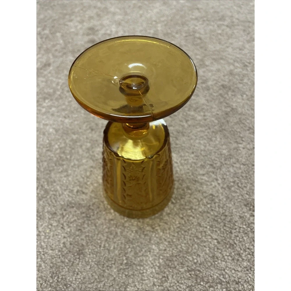 Vintage‎ 70's Retro Indiana Glass Button Daisy Leaf Tiara Amber Footed Goblet 6